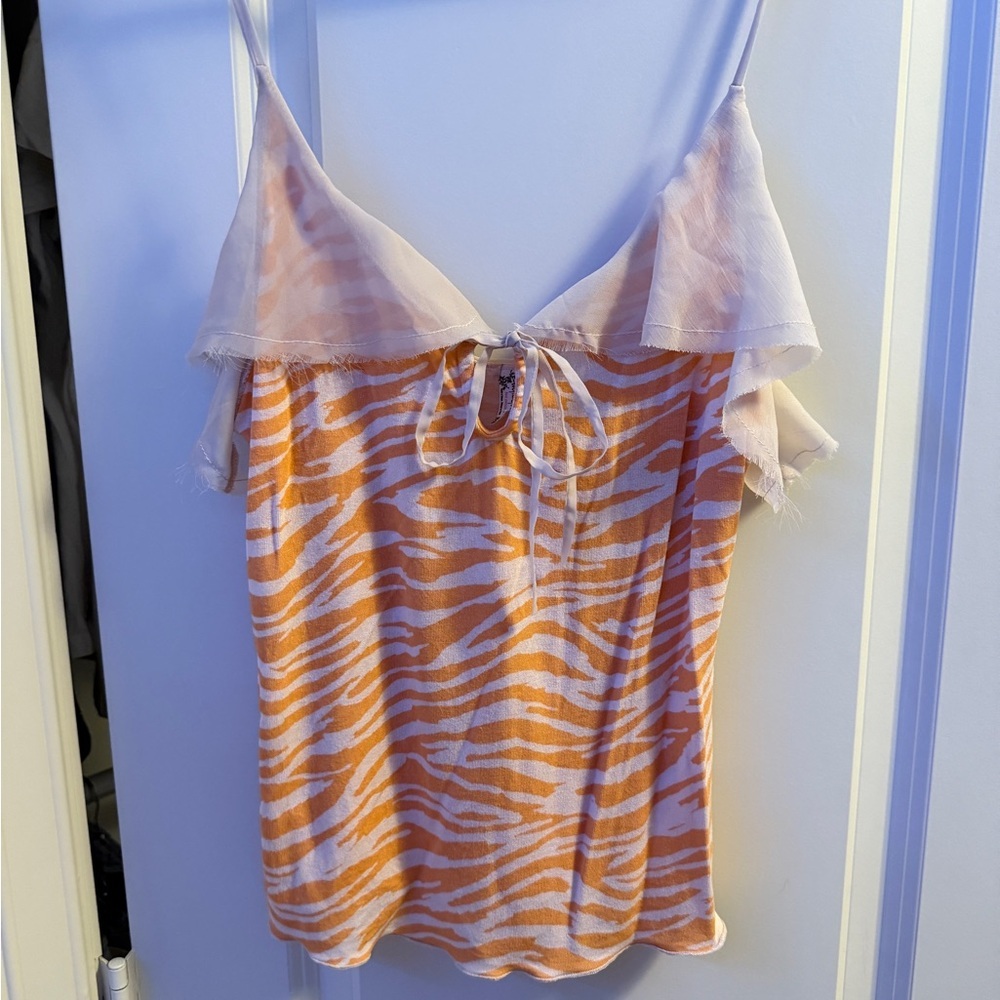 FREE PEOPLE Intimately Cami Tank Top Orange Zebra Lace Ruffle Sleep Top Medium M